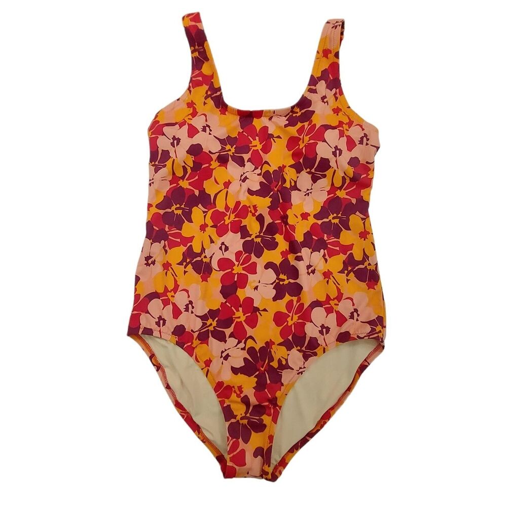 Amazon Essentials Swimsuit Womens Large Orange Floral Built-In Bra Pool Beach